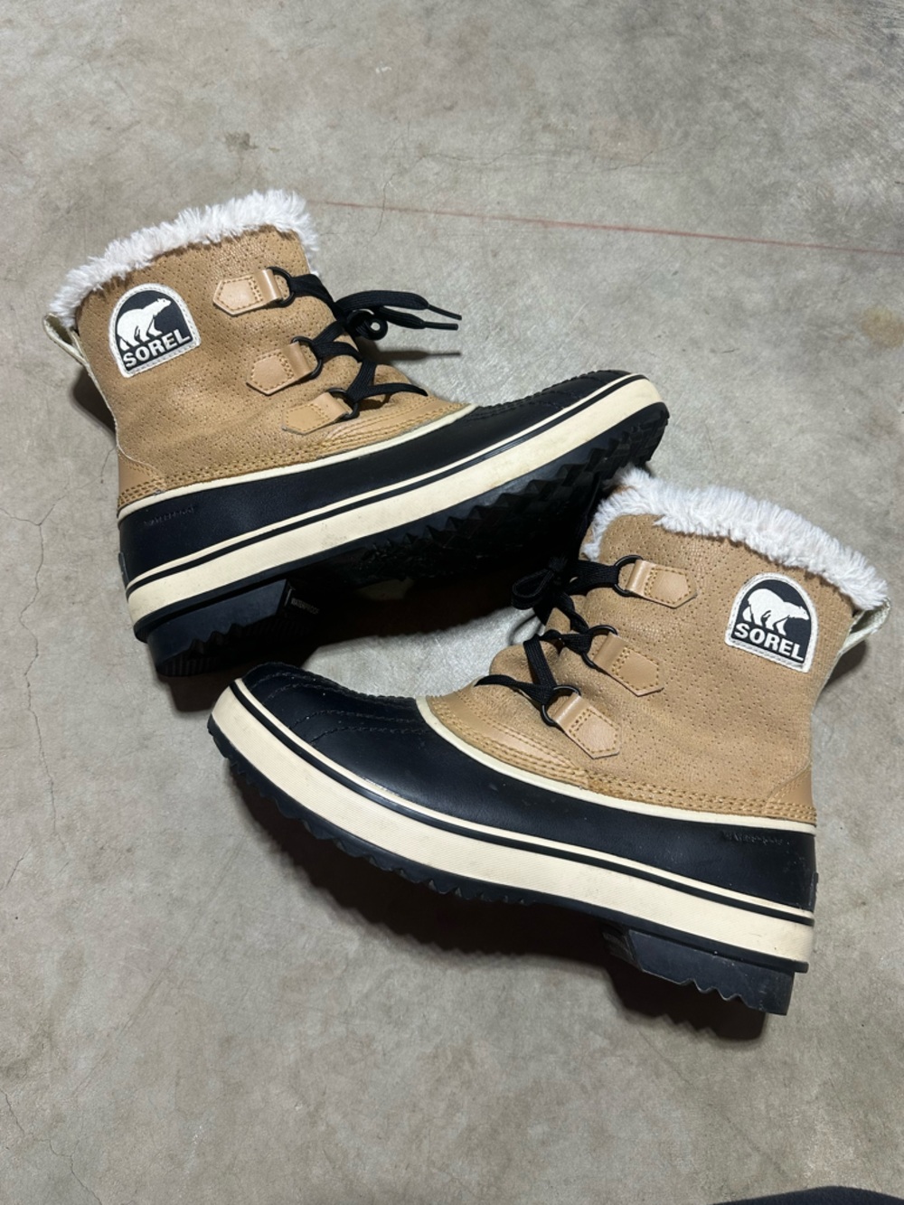 SOREL Tivoli Insulated Two-Tone Waterproof Boots in Tan and Black